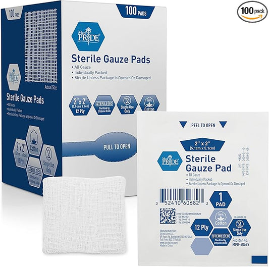 MED PRIDE Sterile Nonstick Gauze Dressing Pads, 12-Ply Cotton, Highly Absorbent, Individually Wrapped for Wound Care and First Aid (2x2 Inch (Pack of 100))