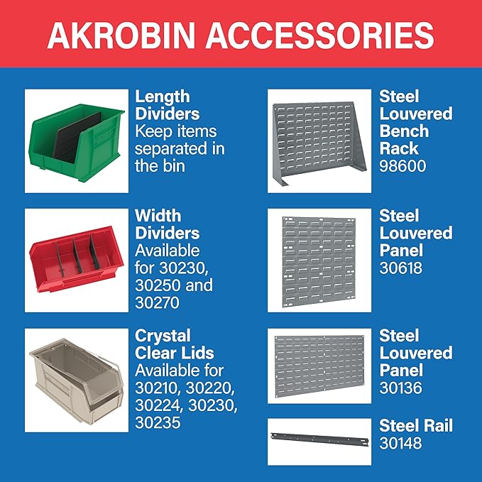 Akro-Mils 30239 AkroBins Plastic Storage Bins, Space-Saving Stackable Bins for Garage, Pantry, Craft Organization, 11-" x 8-" x 7-", Red, 6-Pack