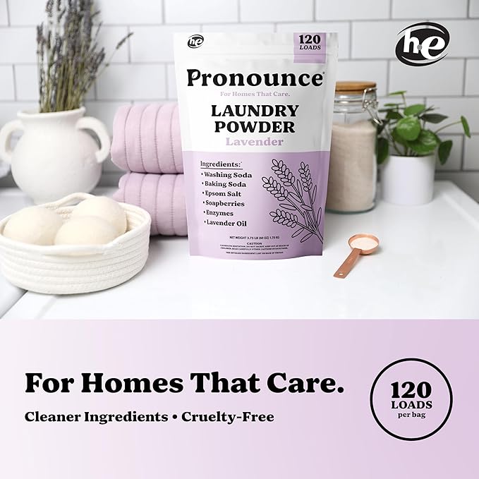 Pronounce Laundry Detergent Powder Alternative | Cleaner Ingredients. Safer for Sensitive Skin. Stain + Smell Fighting. With Essential Oils. HE Safe (Lavender, 120 Loads).