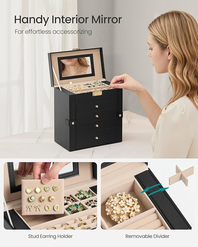 SONGMICS 5-Layer Jewelry Box Organizer with 4 Drawers, Jewelry Storage Case with Lock and Mirror, Large Storage Capacity, Gift for Loved Ones, for Necklaces, Watches, Ink Black UJBC153BZ01S