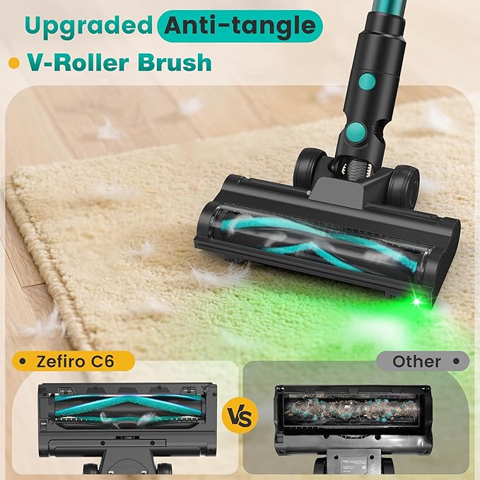Zefiro Cordless Vacuum Cleaner,45Mins Runtime Stick Vacuum, Anti-Tangle and 1.5L Dust Cup, Lightweight Vacuum for Hardwood Floor Carpet Pet Hair (grenn&Black)