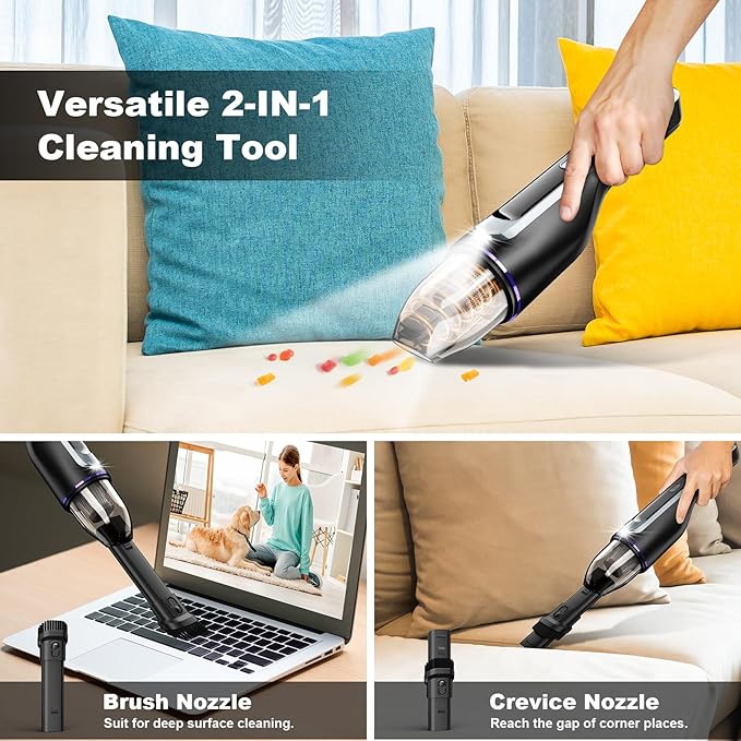 Handheld Vacuum Cleaner, Car Vacuum with Brushless Motor & 14000Pa Powerful Suction,1.2Lbs Lightweight, LED Light, Slim Mini Vacuum Cleaner for Car Home Office Pet Hair