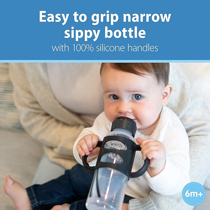 Dr. Brown's Milestones Sippy Spout Bottles, Wide-Neck & Narrow, 100% Silicone Handles, Easy-Grip, 9oz/270mL & 8oz/250mL, Black & Ecru, 2-Pack, 6m+
