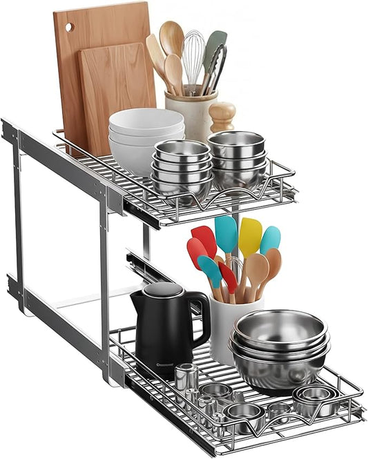 HOLDN’ STORAGE Two Tier Pull Out Cabinet Organizer, Individual Sliding Drawers - Heavy Duty Metal with Lifetime Limited Warranty - Anti Rust Chrome Finish - 12" W x 21”D x 16.5" H