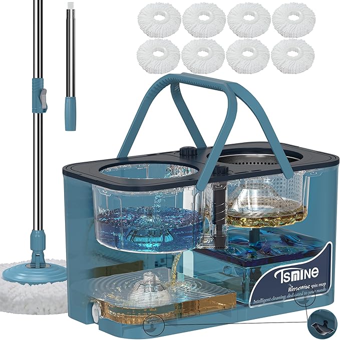 Gen 1 Large-Capacity Spin Mop and Bucket – for Big Homes & Deep Cleaning Days,4-Chamber System Separates Dirty & Clean Water, 2-GAL Heavy-Duty Design with Wheels & 8 Refill Mop Heads - Blue/Grey