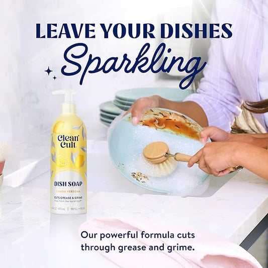 Cleancult - Lemon Verbena - Liquid Dish Soap - Refillable Aluminum Bottle - Dish Soap that Cuts Grease & Grime - 16 oz - 3 Pack