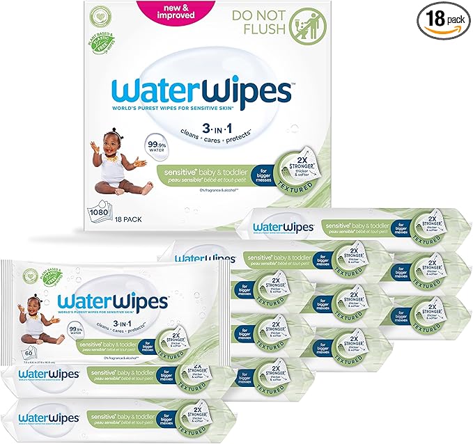 WaterWipes Sensitive+ Baby & Toddler Wipes, 3-In-1 Cleans, Cares, Protects, 99.9% Water, Textured Clean, Unscented & Hypoallergenic, 1080 Count (18 Packs)