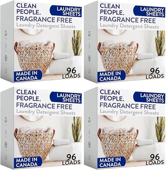 Clean People Laundry Detergent Sheets- Recyclable Packaging, Hypoallergenic, Stain Fighting, Works with All Machines including HE (384 Count, Fragrance Free)