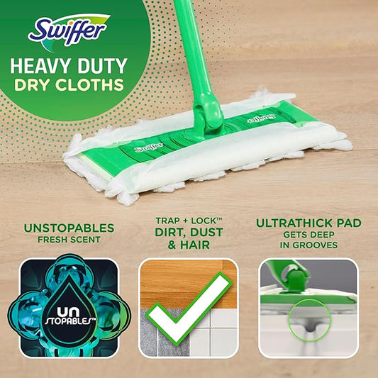 Swiffer Sweeper Heavy Duty Dry Multi-Surface Cloth Refills for Floor Sweeping and Cleaning, Unstopables Fresh Scent, 10 Count