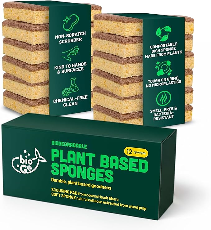 bioGo 12 Pack Natural Biodegradable Kitchen Sponges - Eco-Friendly, Compostable, Cellulose Dish - Compostable - Biodegradable - Cellulose Sponge