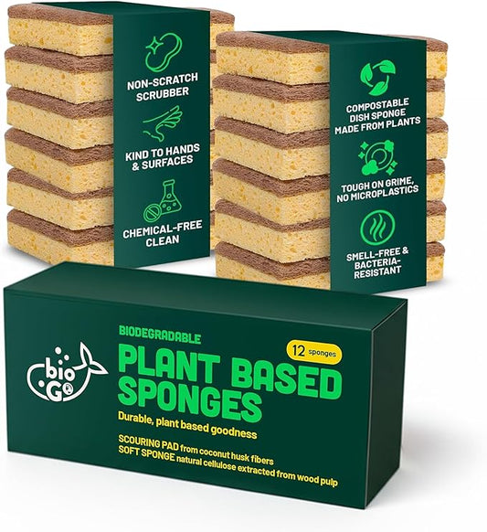 bioGo 12 Pack Natural Biodegradable Kitchen Sponges - Eco-Friendly, Compostable, Cellulose Dish - Compostable - Biodegradable - Cellulose Sponge