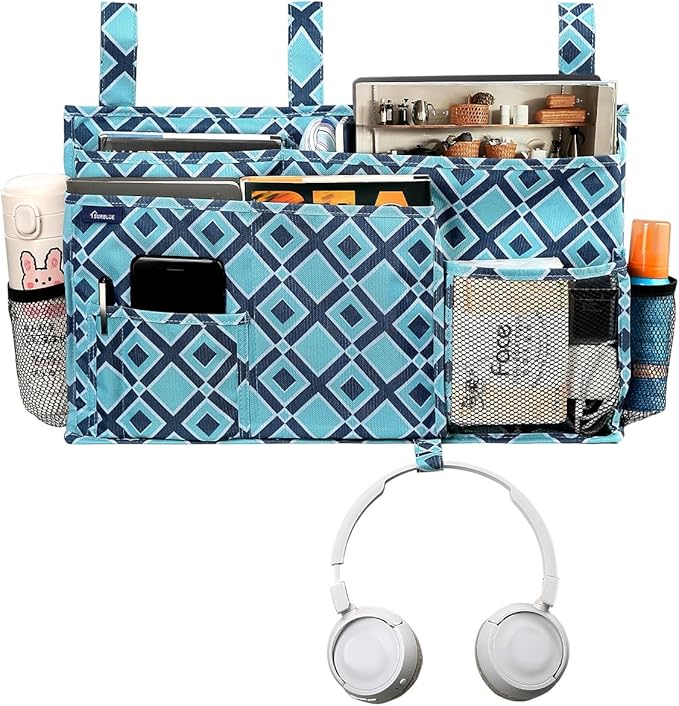 Surblue Bedside Caddy Hanging Bed Organizer Storage Bag Pocket for Bunk and Hospital Beds, College Dorm Rooms Baby Bed Rails, Camp 8 Pockets, (Large, Blue Plaid)