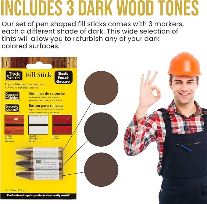 Wood Scratch Repair Fill Stick for Dark Surfaces (Set of 3), Great for Touch-Ups and Repairs on Hardwoods Floors, Furniture, Cabinets and Plastic Surfaces.