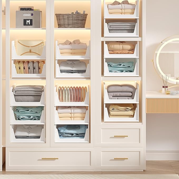 VECELO 4 Pack Plastic Closet Shelf Organizer, Stackable Sweater Storage Closet Drawers, Foldable Wardrobe Organizer, Easy Assembly, Durable and Space Saving for Closet, Bathroom, Kitchen, Gray