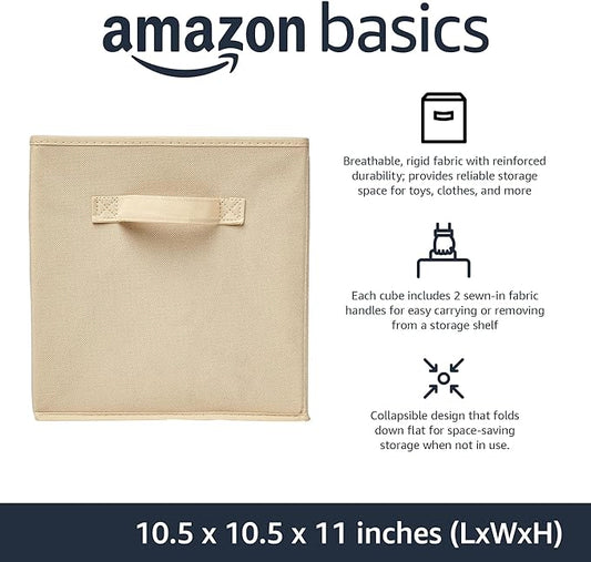 Amazon Basics Collapsible Fabric Storage Cubes Organizer with Handles, Sturdy, Beige, 10.5-x-10.5-x-11-inch, Pack of 6