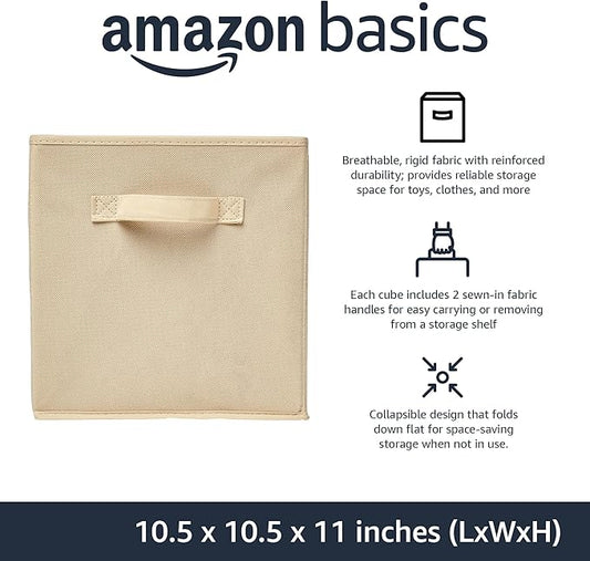 Amazon Basics Collapsible Fabric Storage Cubes Organizer with Handles,Sturdy,Beige,10.5-x-10.5-x-11-inch,6 Count (Pack of 5)