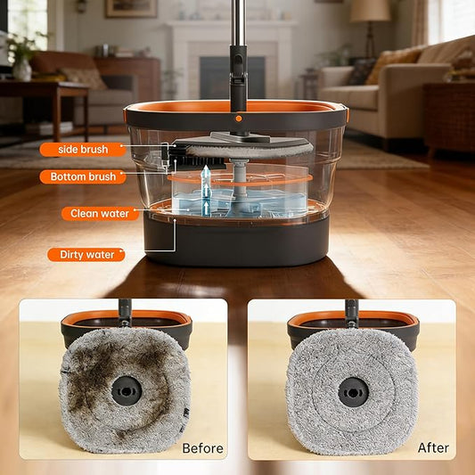 Collapsible Mop and Bucket Set, Spin Mop with Separate Dirty and Clean Water, 6 Replaceable Mopping Pads with Foldable Handle, Deep Cleaning Mops and Buckets for Household Use Floor Cleaning