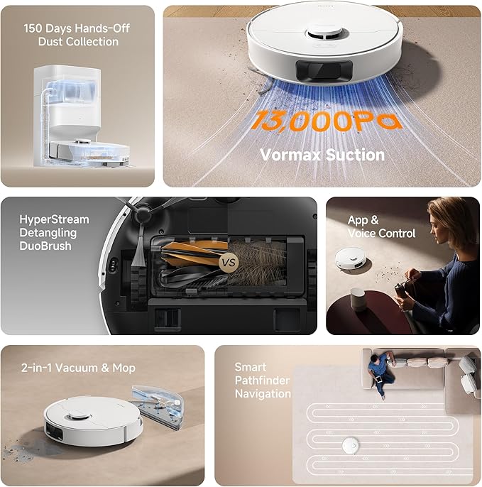 DREAME D20 Plus Robot Vacuum and Mop, 13,000Pa Suction, Self-Emptying with 5L Dust Bag, DuoBrush for Pet Hair, LDS Mapping, App & Voice Control, 5200mAh Battery, Ideal for Hard Floors & Carpets