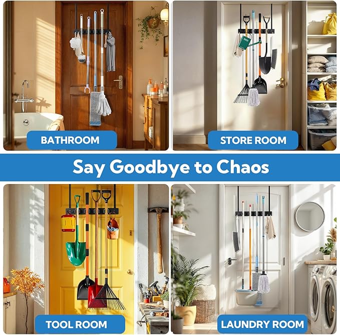 2 Pack Broom Holder Door Mount Black Broom Closet with 2 Over Door Hooks Over the Door Broom and Mop Holder Broom and Mop Organizer Wall Hanging with 4 Racks and 4 Hooks for Laundry Garage Closet Home