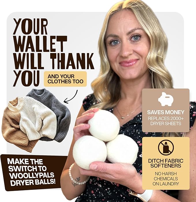WoollyPals Dryer Balls (6-Pack, XL Size) - 100% New Zealand Wool - No More Dryer Sheets - Eco Dryer Balls - Reusable - Softens Laundry - Reduces Drying Time & Static - with Storage Bag (Plain White)