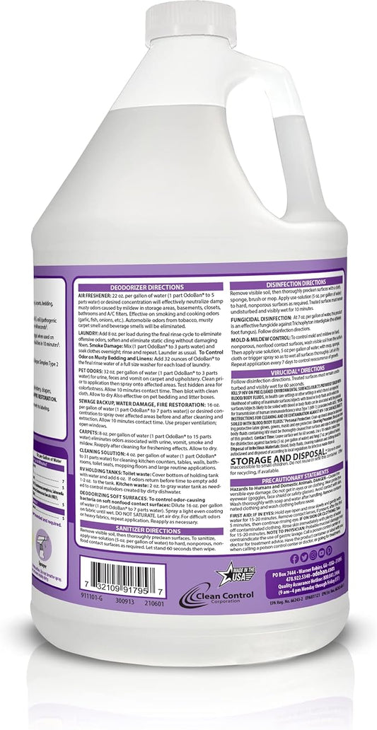 OdoBan Disinfectant Concentrate and Odor Eliminator, Made in the USA, Lavender Scent, 4 Gallons