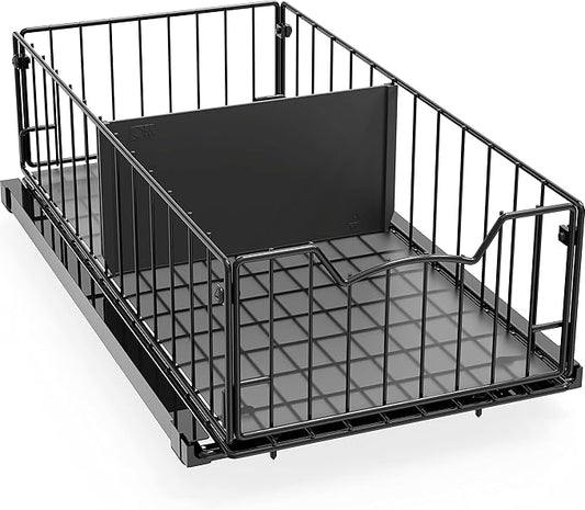 Simple Houseware Pull-Out Cabinet Sliding Basket Organizer, 17.2" D x 9.7" W x 5" H – Black, Ideal for Kitchen and Bathroom Cabinet Storage, Under Sink or Pantry Organization