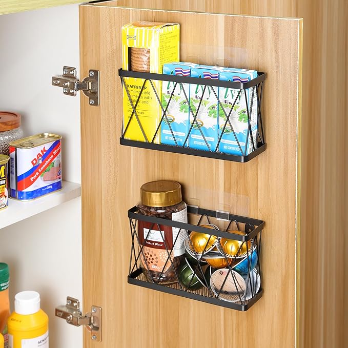 YIGII 6 Pack Cabinet Door Organizer, Wall Mounted Lid Organizer for Tupperware Kitchen RV Pantry Cabinet Storage and Organization, Heavy Duty Adhesive Wall Baskets Lid Holder Slim Stainless, Black