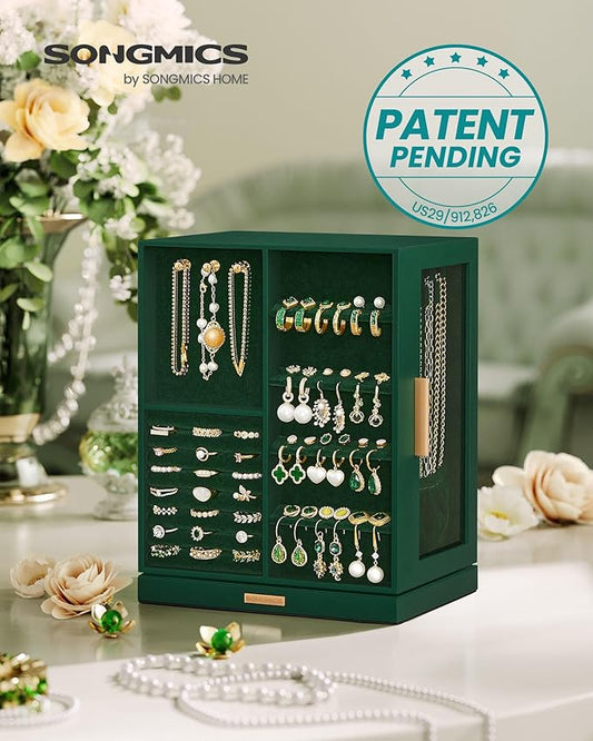 SONGMICS Jewelry Box 360° Rotating, Jewelry Storage Case with 5 Drawers, Jewelry Organizer, Glass Window, Spacious, Vertical Jewelry Storage, Open Design, Great Gift, Forest Green UJBC170C01