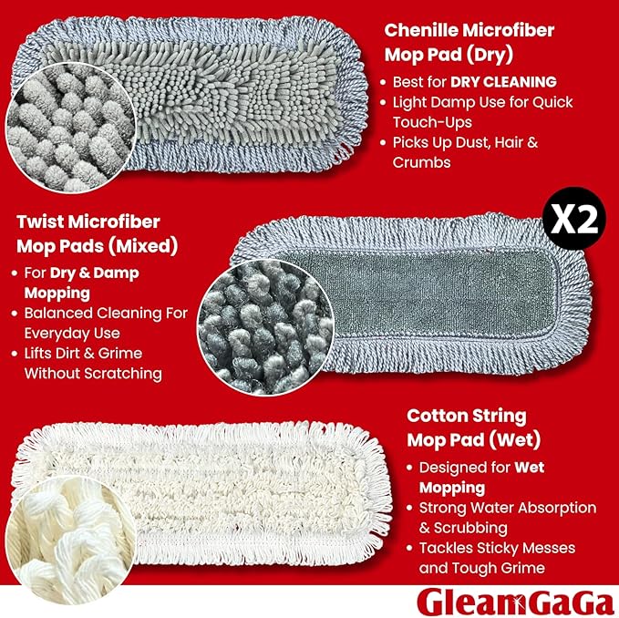 Dust Mop for Floor Cleaning with 4-in-1 Washable Pad System, Wet & Dry Multi-Purpose Mop with Built-In Scraper and Extra-Long 62'' Stainless Steel Handle for Hardwood,Vinyl,Laminate,Tile,Marble Floors