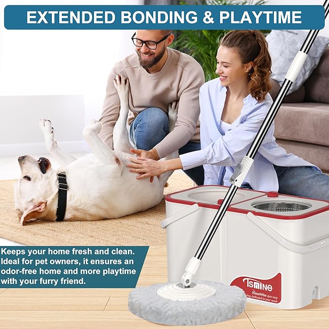 Gen 1 Large-Capacity Spin Mop and Bucket – for Big Homes & Deep Cleaning Days,4-Chamber System Separates Dirty & Clean Water, 2-GAL Heavy-Duty Design with Wheels & 6 Refill Mop Heads - White/Red