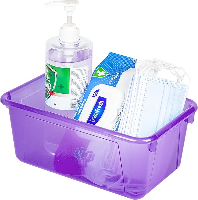 Storex Small Cubby Bins – Plastic Storage Containers for Classroom with Non-Snap Lid, 12.2 x 7.8 x 5.1 inches, Tint Violet, 5-Pack (62484U05C)