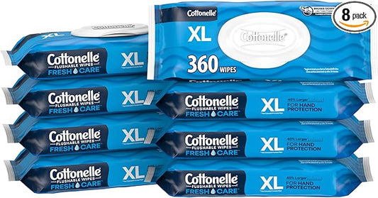 Cottonelle XL Flushable Wet Wipes, Adult Wipes Large, 8 Flip-Top Packs, 45 Wipes Per Pack (360 Total Wipes), Packaging May Vary