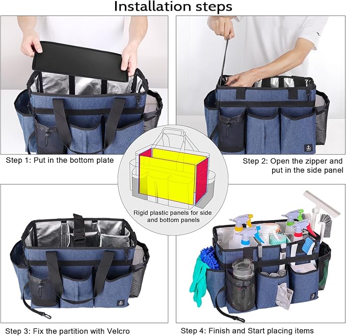 Large Wearable Cleaning Caddy Bag with Detachable Divider, Cleaning Organizer with Handles, Cleaning Supply Tote with Adjustable Shoulder Strap&Waist Belt for Cleaners & Housekeeper (Blue)