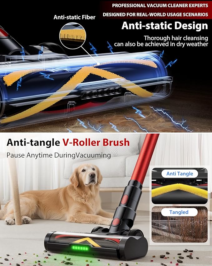Cordless Vacuum Cleaner, 75Mins/48KPa/600W Self-Standing Stick Vacuum Cleaners for Home, Rechargeable, Lightweight, Anti-Static&Anti-Tangle Brush, for Hard Floor, Carpet, Hardwoods, Pet Hair