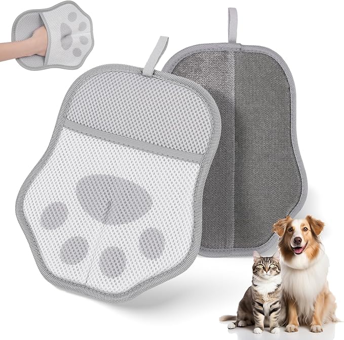 Pet Hair Removal Glove for Dogs Cats, Newly Upgraded Reusable Electrostatic Pet Hair Gloves, Pet Hair Remover Tool for Clothing, Couch, Carpet, Car Seat ， Reusable, Gray and Pink Set