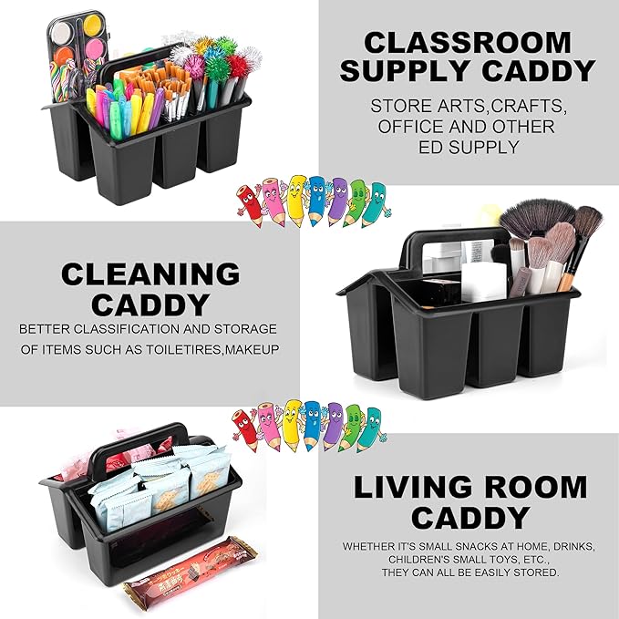 6 Pack Plastic Classroom Caddy For School,Kidsroom,Pencil Holder,Portable Art Craft Caddy Organizer With Handle,Cleaning Caddy Organization For Shower Room（Black