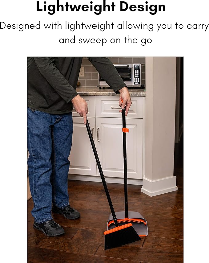 BirdRock Home Broom and Dustpan Set - Lobby Dust Pan - Orange and Grey Durable Set - Indoor or Outdoor - Sweep Combo Great for Kitchen, Home, Garage and Office - Clip On Self Cleaning Bristles