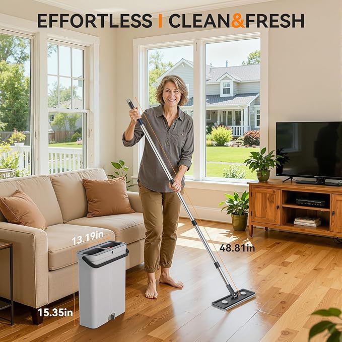 Compact Floor Mop and Bucket - Flat Mop and Bucket with Wringer Set Hands Free | Wet Dry Mop for Apartment, Tiny Home, RV, Windows, Wall, Hardwood, Vinyl, Floor with 6 Microfiber Cloths