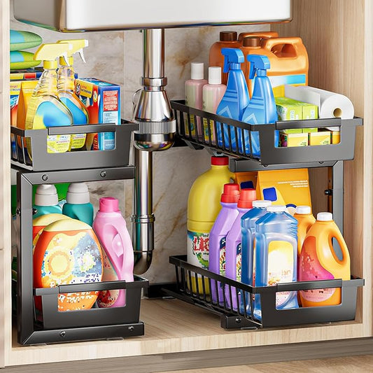 Under Sink Organizer 2 Pack, 2 Tier Adjustable Height Reinforced Carbon Steel Under Kitchen Bathroom Sink Storage Organizer, Smooth Pull-out Under Sink Cabinet Rack Drawer Organizer, Black