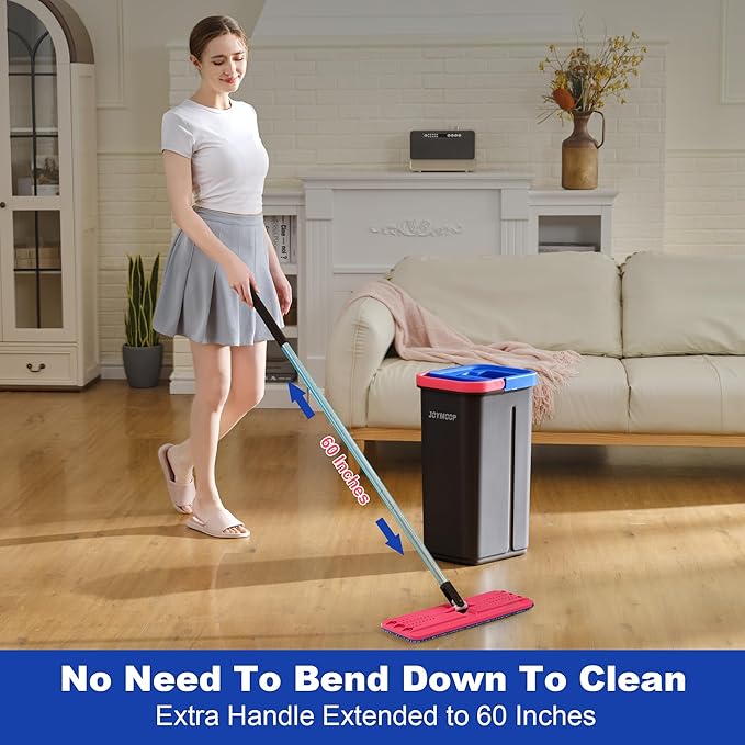 JOYMOOP Microfiber Flat Mop and Bucket System, Mops for Floor Cleaning and Wall Cleaner, Hardwood, Tile, Laminate, Vinyl Floors, Smooth Walls, and Glass Windows - 60" Flat Mop+5 Microfiber Pads[Black]
