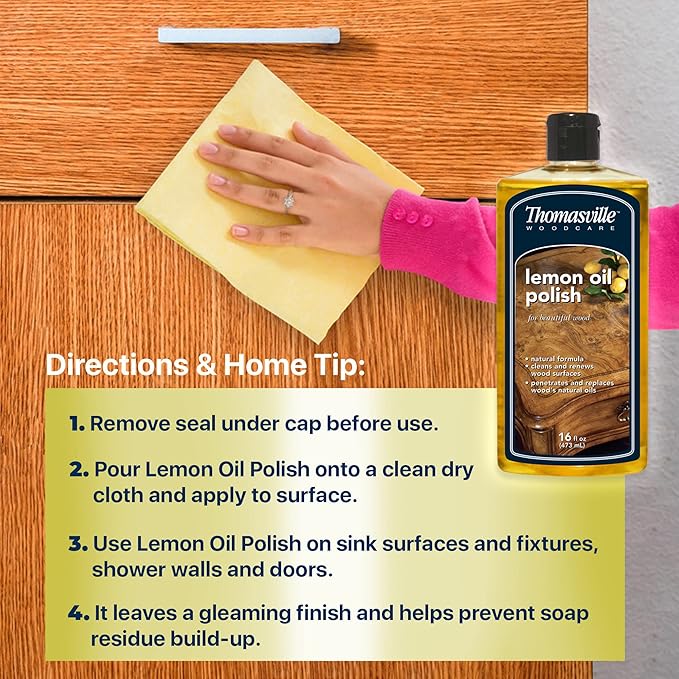 Thomasville LEMON OIL POLISH - Wood Cleaner & Furniture Polish, Cleans, Renews, Restores & Rejuvenates Surfaces, Protects Wood from Drying or Cracking, Leaves a Shiny Finish, 16oz