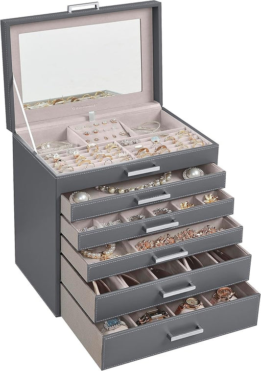 SONGMICS Jewelry Box, 6-Tier Jewelry Organizer, Large Jewelry Case with Big Mirror, 5 Drawers, Large Capacity, Jewelry Storage, Modern Style, Gift for Loved Ones, Gray UJBC138G01