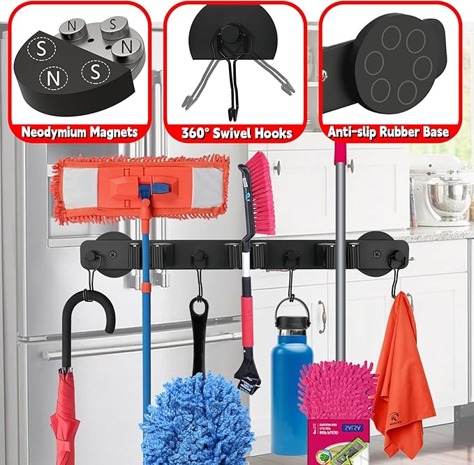 Magnetic Mop Broom Holder,Heavy Duty Movable Magnetic Wall Mount Tool Racks,No Drilling Utility Storage Shovel Hanger for Garage,Closet,Garden,Kitchen,Laundry (4 Hooks 3 Grippers,Black)