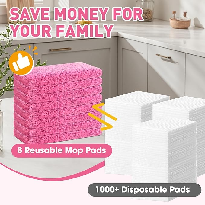 8Pcs Pink Reusable Mop Pads,Microfiber Mop Pads Compatible with Swiffer Sweeper, Dry Sweeping Cloths & Washable Wet Pads Refill for Floor