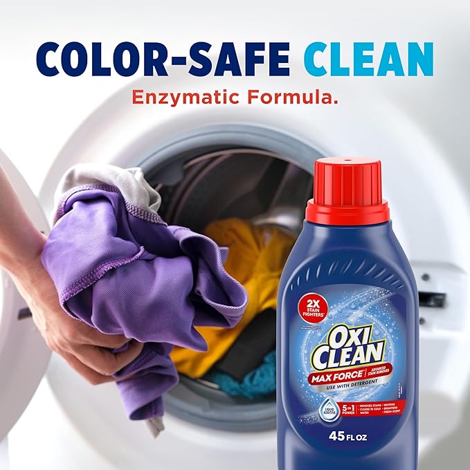 OxiClean Max Force Advanced Stain Remover Liquid, Color-Safe, Bleach-Free Kids and Baby Essential, Use with Detergent to Remove Messy Stains like Berries, Juice, Mud, Grass, 45 Fl Oz