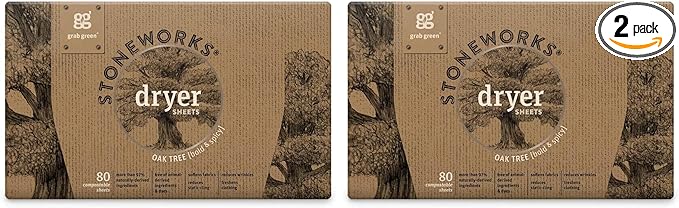 Grab Green Stoneworks Cruelty-Free Dryer Sheets | Softens Fabrics, Freshens Clothing & Reduces Static-Cling and Wrinkles | Plant Based | Oak Tree Scent (80 Sheets) (Pack of 2)