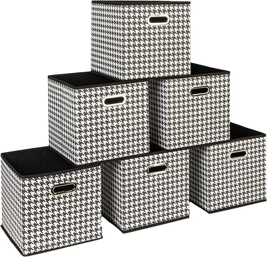 Household Essentials Foldable Fabric Storage Cubes 6-Pack – 11x11x11 Stackable Non-Woven Bins with Chipboard Sides & Grommet Handles – Closet, Shelf, Nursery, or Office Organizer – Houndstooth