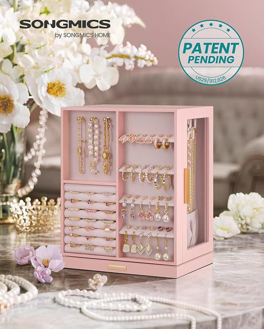 SONGMICS Jewelry Box 360° Rotating, Jewelry Storage Case with 5 Drawers, Jewelry Organizer, Glass Window, Spacious, Vertical Jewelry Storage, Open Design, Great Gift, Jelly Pink UJBC170R01