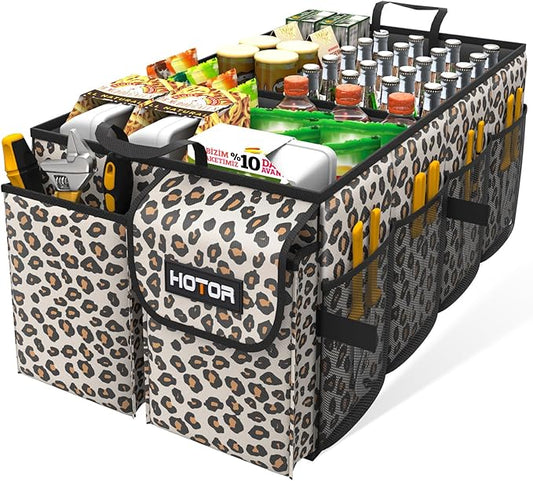 HOTOR Trunk Organizer - Car Organizer, Foldable Trunk organizer for SUVs & Sedans, Sturdy Car Organization for Car Accessories, Tools, Sundries, Brown Leopard, 2 Compartments, 21.3"×12.6"×10.6"