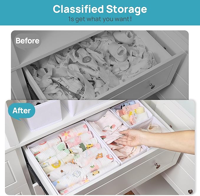 Vtopmart 12 Pack Baby Clothes Organizer, Dresser Drawer Organizer for Baby Clothing, Foldable Fabric Closet Drawer Storage Bins, Nursery Dresser Dividers for Bra, Socks, Ties, Scarf